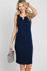 Navy Blue Ribbed V-Neck Dress