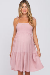 Pink Smocked Shoulder Tie Maternity Dress