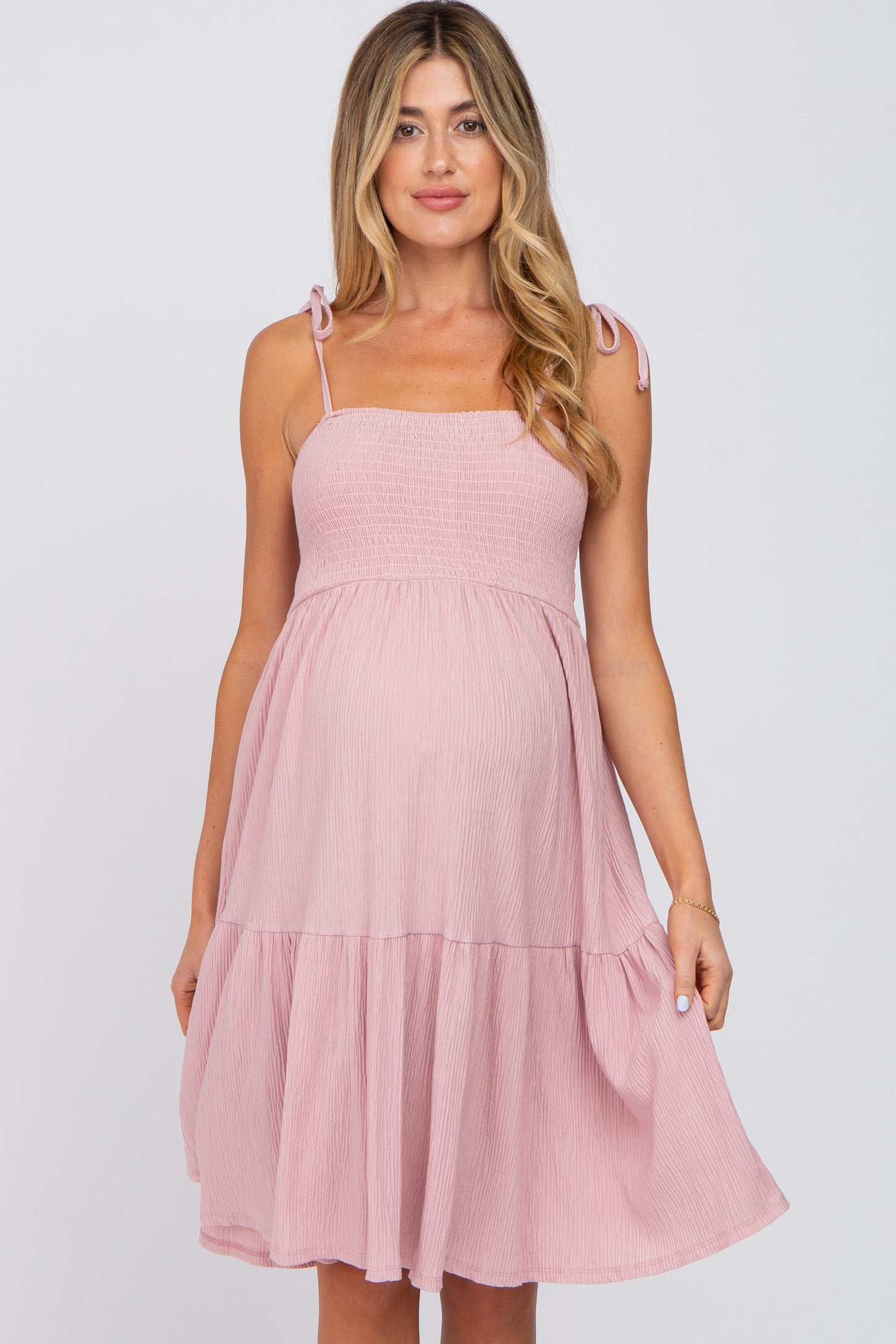 Pink Smocked Shoulder Tie Maternity Dress