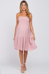 Pink Smocked Shoulder Tie Maternity Dress