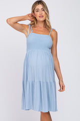 Light Blue Smocked Shoulder Tie Maternity Dress