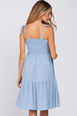 Light Blue Smocked Shoulder Tie Maternity Dress