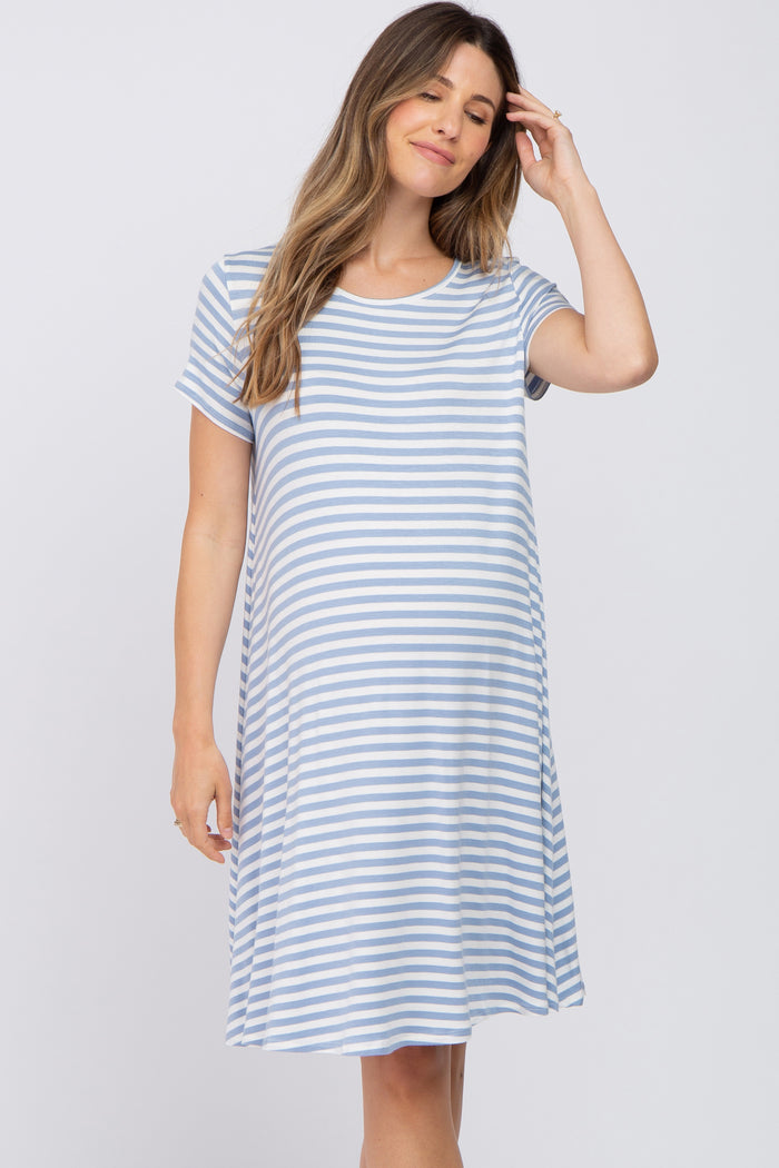 Blue Striped Short Sleeve Maternity Dress