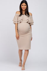 Beige Ruffle Off Shoulder Ruched Maternity Dress