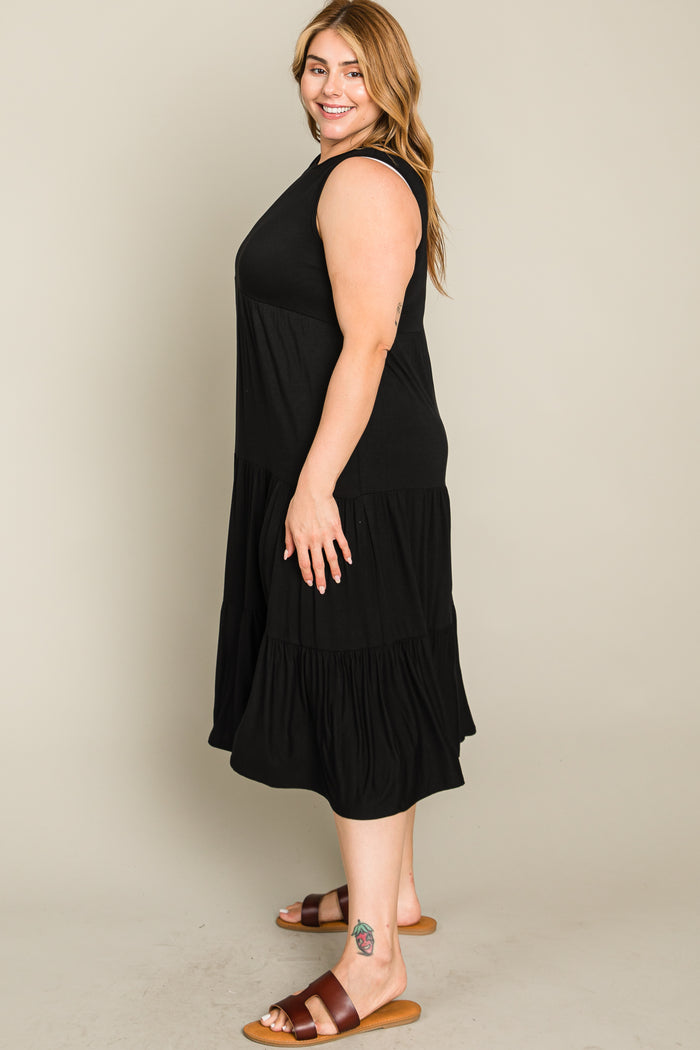 Black Tiered Sleeveless Plus Midi Dress