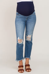 Blue Open Knee Fringe Hem Maternity Straight Leg Jeans