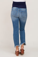 Blue Open Knee Fringe Hem Maternity Straight Leg Jeans