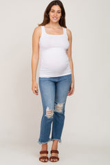 Blue Open Knee Fringe Hem Maternity Straight Leg Jeans