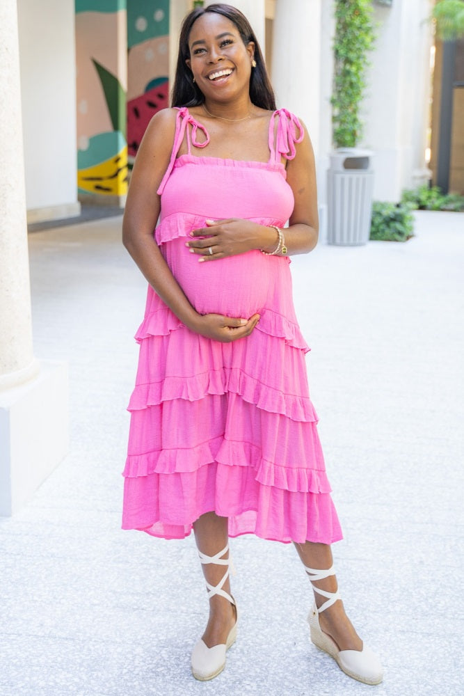 Fuchsia Ruffle Tiered Maternity Midi Dress