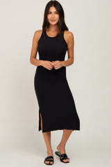 Black Ribbed Side Slit Midi Dress