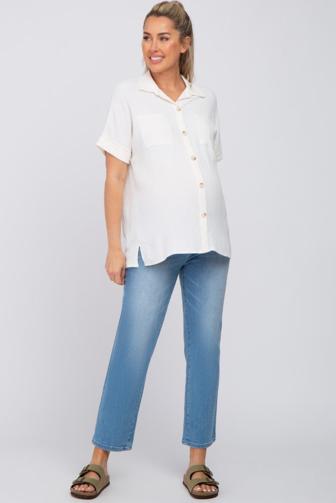 Ivory Collared Button-Down Short Sleeve Maternity Blouse