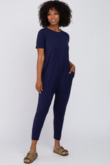 Navy Blue Basic Short Sleeve Jumpsuit