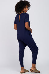 Navy Blue Basic Short Sleeve Jumpsuit