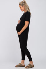 Black Basic Short Sleeve Maternity Jumpsuit