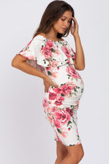 Cream Floral Off Shoulder Maternity Fitted Dress