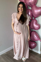 Light Pink Deep V-Neck Button Down Maternity Maxi Dress