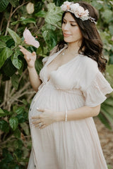 Light Pink Deep V-Neck Button Down Maternity Maxi Dress