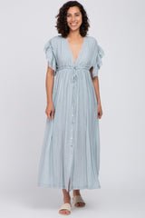 Light Blue Deep V-Neck Button Down Maternity Maxi Dress