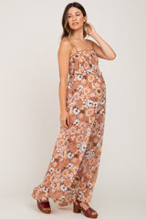 Camel Floral Sleeveless Maternity Jumpsuit