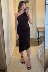 Brown One Shoulder Ruched Midi Dress