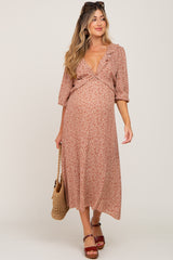 Rust Floral Ruffle V-Neck Maternity Midi Dress