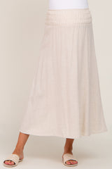 Beige Smocked Maternity Linen Maxi Skirt