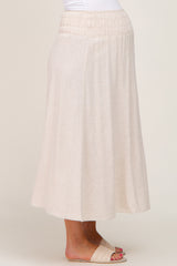 Beige Smocked Maternity Linen Maxi Skirt