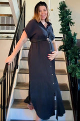 Charcoal Button Down Maternity Midi Dress