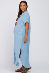 Light Blue Button Down Maternity Midi Dress