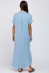 Light Blue Button Down Maternity Midi Dress