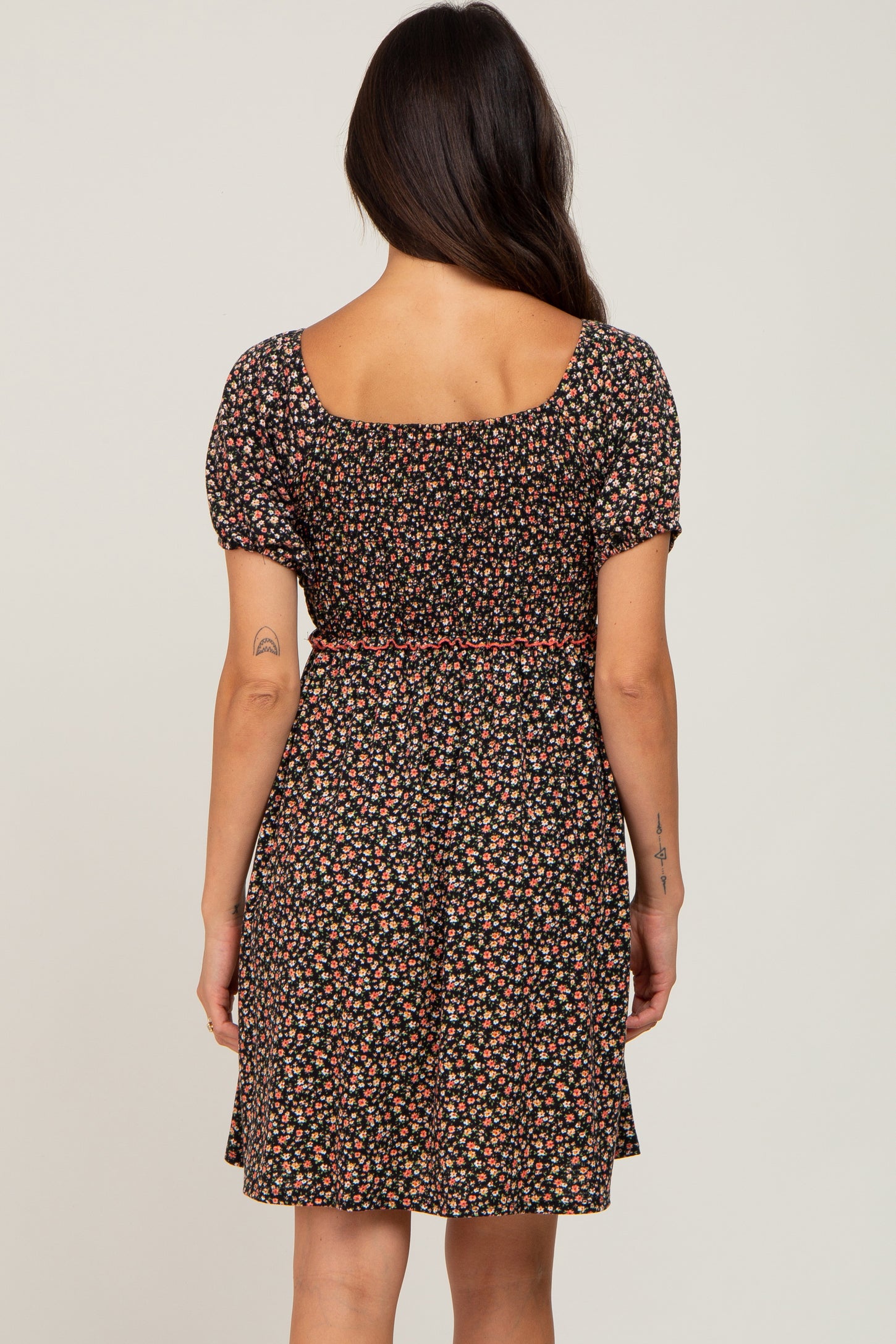 Black Floral Smocked Puff Sleeve Dress