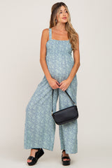 Blue Floral Smocked Square Neck Maternity Jumpsuit