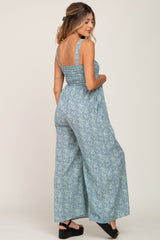 Blue Floral Smocked Square Neck Maternity Jumpsuit