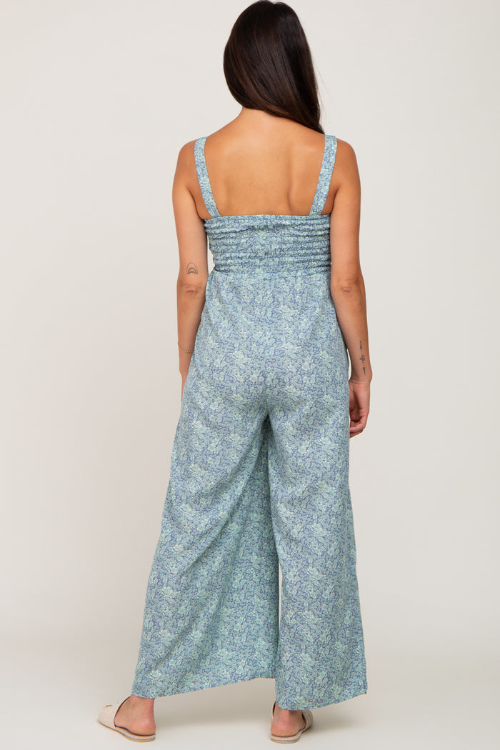 Blue Floral Smocked Square Neck Jumpsuit