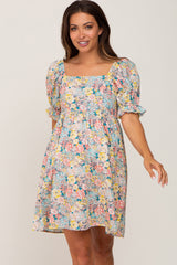 Yellow Floral Square Neck Short Puff Sleeve Maternity Dress