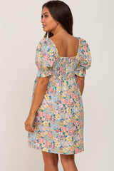 Yellow Floral Square Neck Short Puff Sleeve Maternity Dress