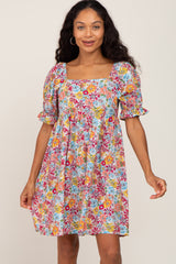 Mauve Floral Square Neck Short Puff Sleeve Maternity Dress