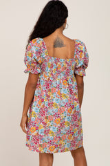 Mauve Floral Square Neck Short Puff Sleeve Dress