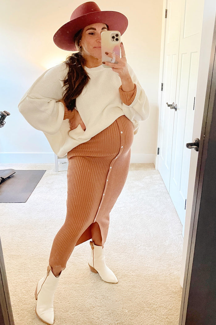 Camel Ribbed Button Accent Long Sleeve Maternity Dress