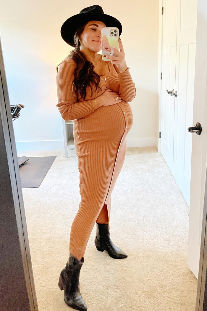 Camel Ribbed Button Accent Long Sleeve Maternity Dress