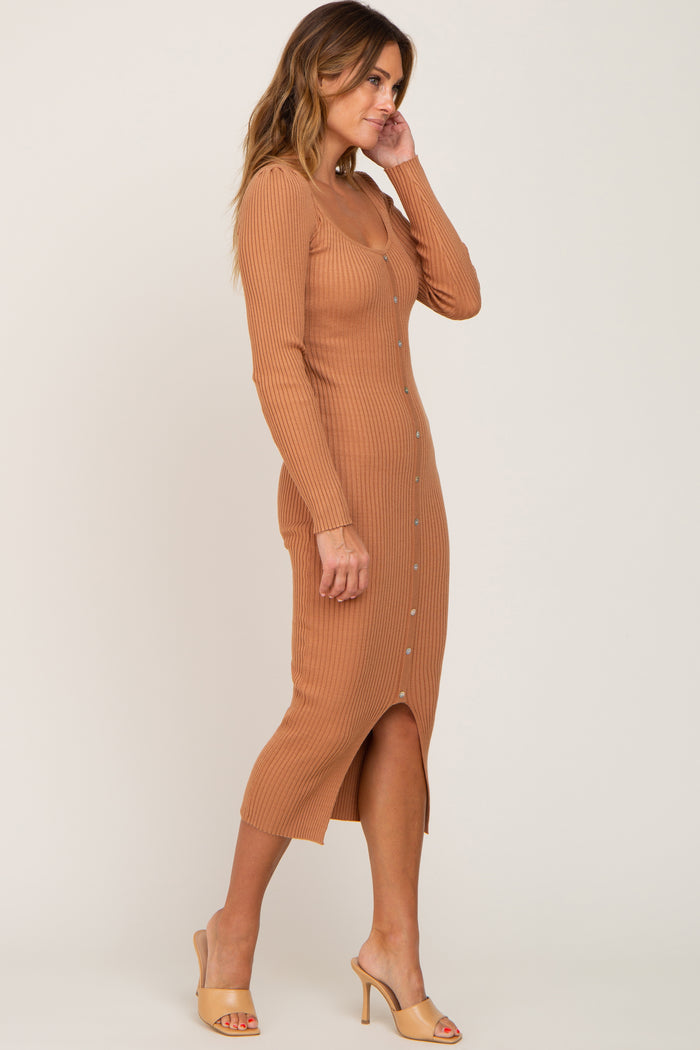 Camel Ribbed Button Accent Long Sleeve Dress