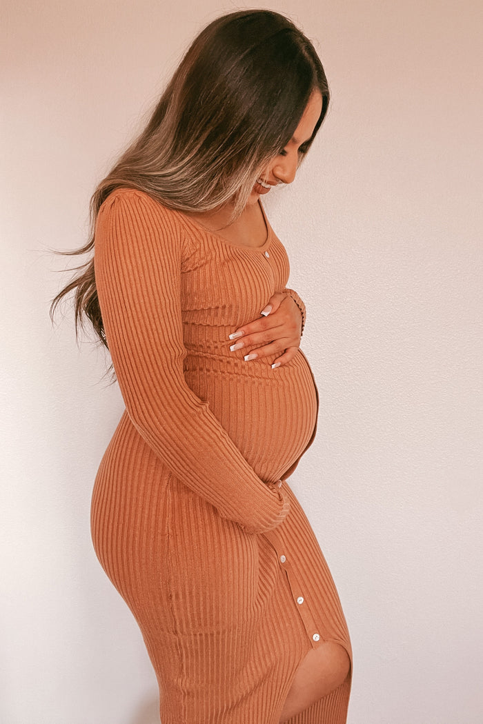 Camel Ribbed Button Accent Long Sleeve Maternity Dress