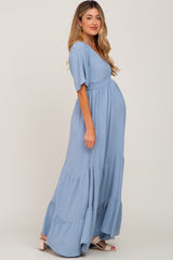 Light Blue Deep V-Neck Maternity Maxi Dress