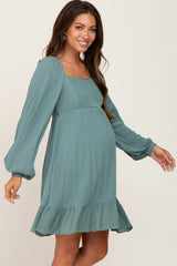 Olive Square Neck Puff Long Sleeve Maternity Dress