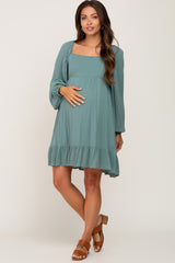 Olive Square Neck Puff Long Sleeve Maternity Dress