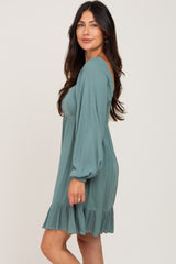 Olive Square Neck Puff Long Sleeve Dress