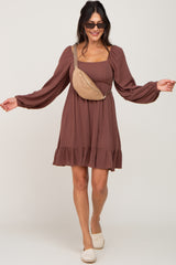 Brown Square Neck Puff Long Sleeve Dress