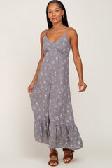 Grey Floral Sleeveless Button Front Maternity Dress