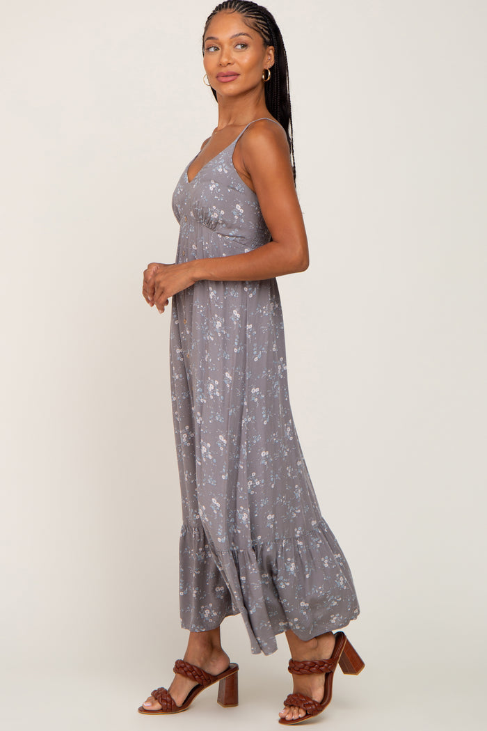 Grey Floral Sleeveless Button Front Dress