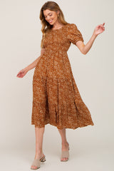 Rust Animal Print Smocked Maternity Midi Dress